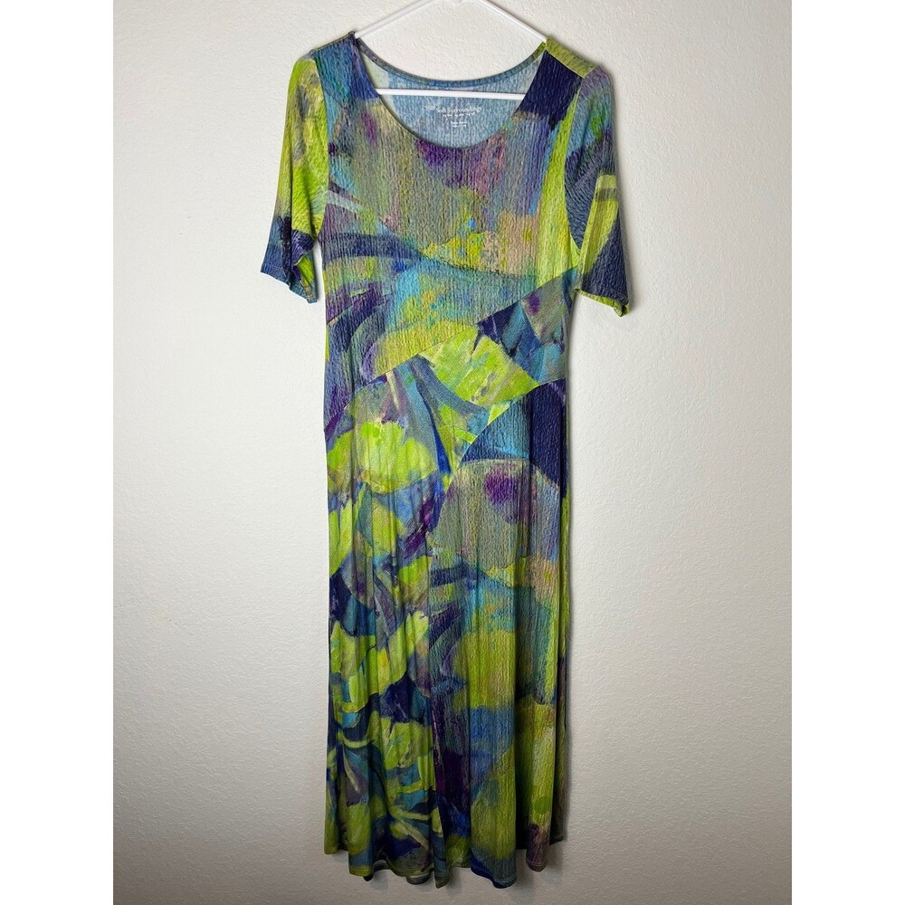 Soft Surroundings Dress Womens Petite Xs Multicolor Abstract Print Crinkle Midi